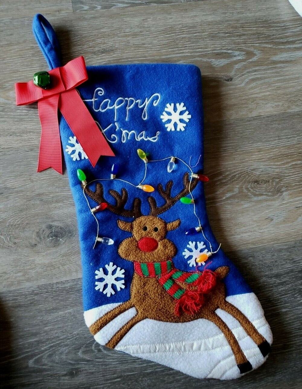 EUC 19" Christmas Stocking Reindeer With Lights Happy Xmas Blue